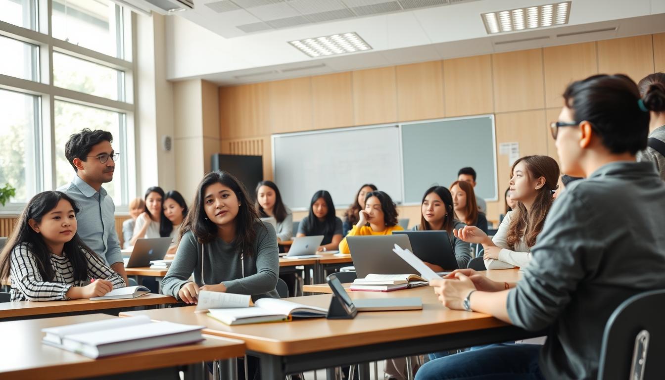 Students studying together in modern classroom